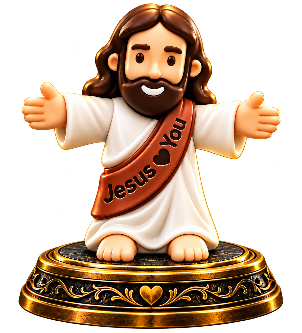Jesus Loves You figurine on an ornate black-and-gold base