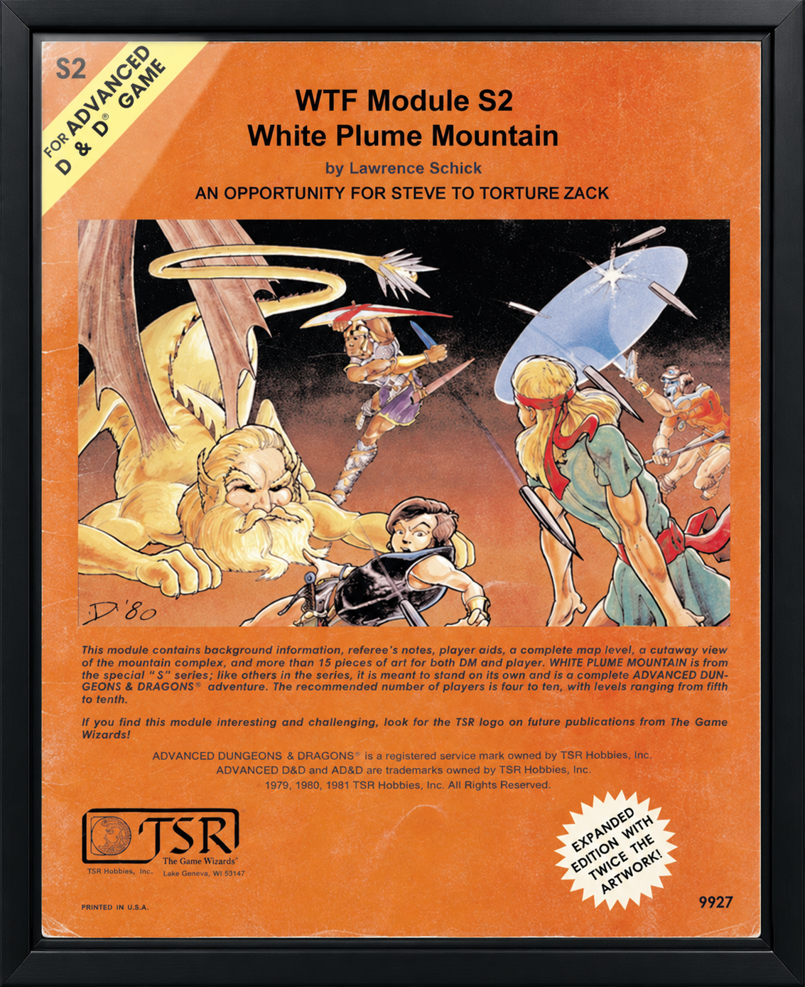 Framed White Plume Mountain module cover on the shelf back wall